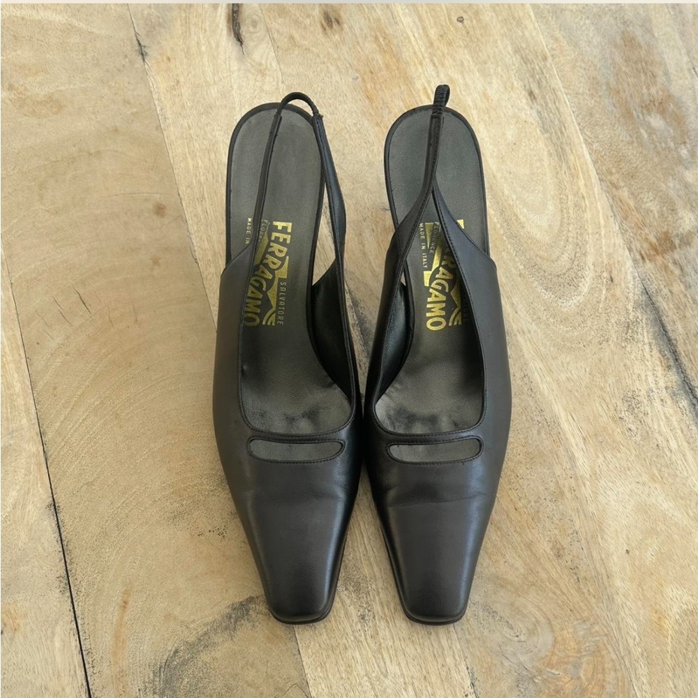 Ferragamo Black Leather Slingback Heels